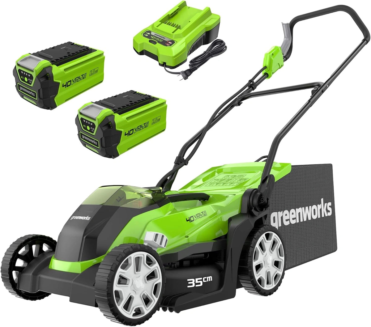 Kosiarka do trawy Greenworks G40LM35K2X – powierzchnia do 400 m², pojemność 40 l, akumulator 2 Ah, napięcie 40 V, do zgodnych urządzeń lub pojazdów