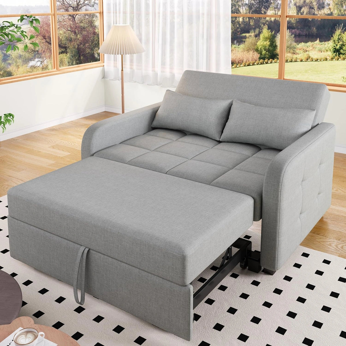 Sofa Dolamaní – konstrukcja składana, funkcja spania, kolor szary, wymiary 127 x 125 cm, do codziennego zastosowania