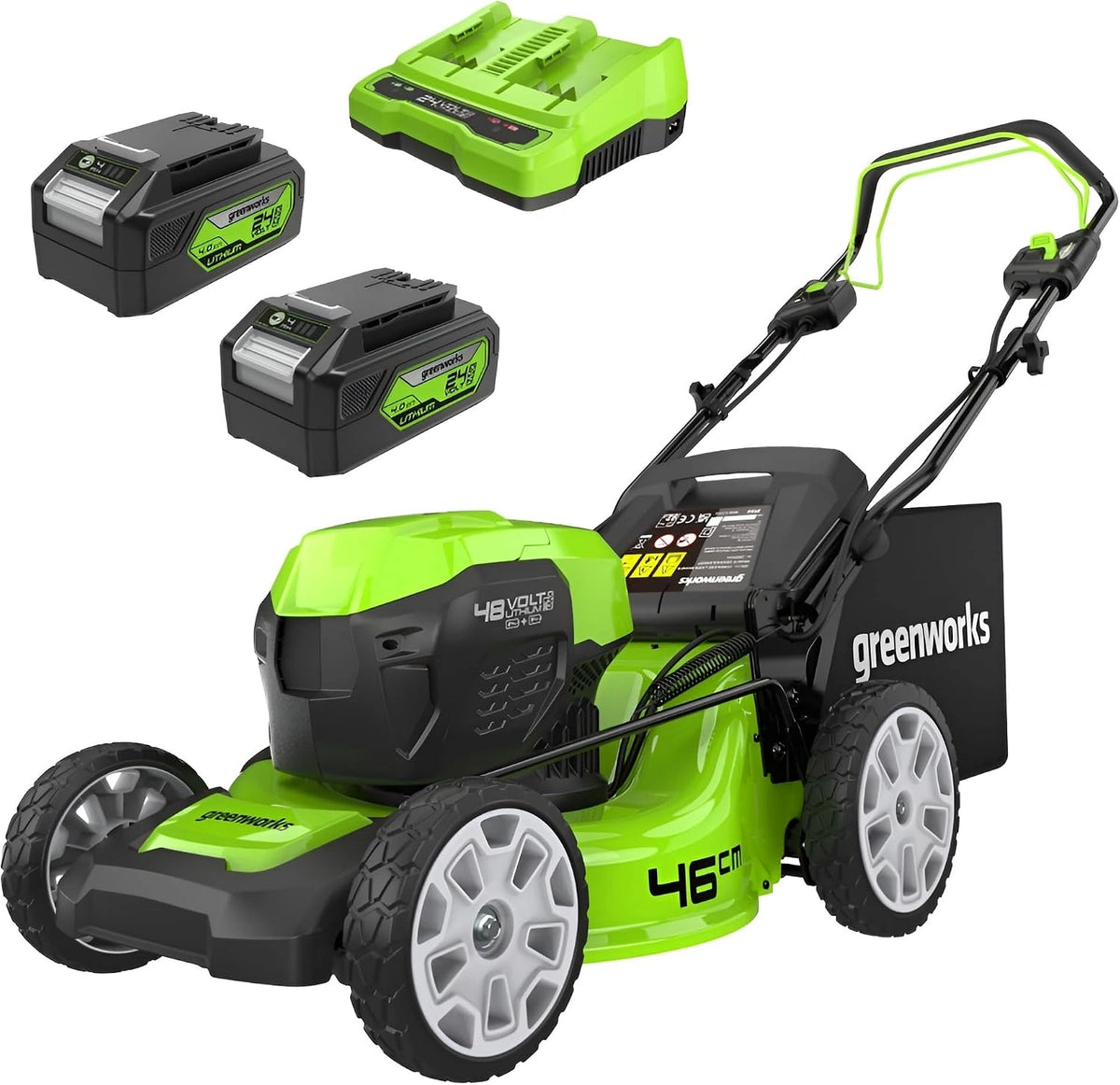Kosiarka do trawy Greenworks GD24X2LM46SPK4X – powierzchnia do 480 m², pojemność 55 l, akumulator 4 Ah, napięcie 24 V