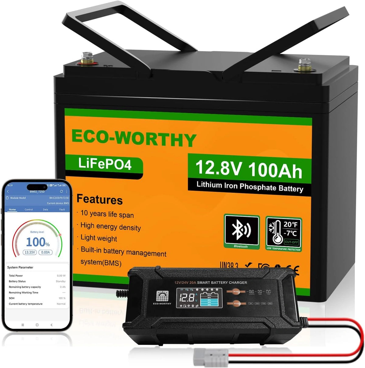 Produkt użytkowy ECO-WORTHY 12 – akumulator 100 Ah, napięcie 12 V, do codziennego zastosowania